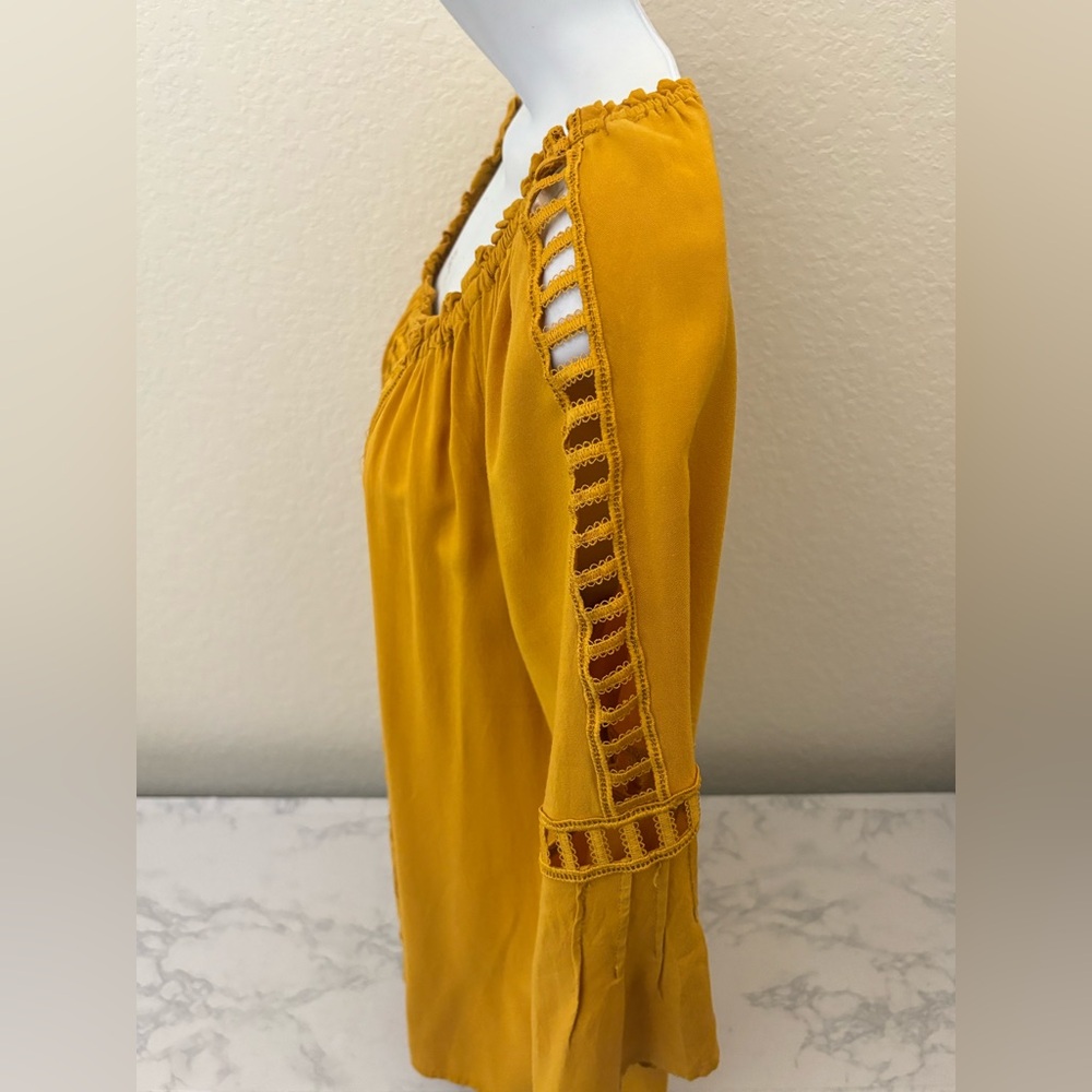 Melissa Paige Womens Boho Top Blouse PM Petite Long Bell Sleeve Yellow Blouse - Picture 2 of 5